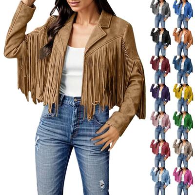 Kadın Suni Süet Deri Püskül Ceketler - Vintage Yaka Açık Ön Kovboy Tarzı Uzun Kollu Püsküllü Hırka Ceket Tops