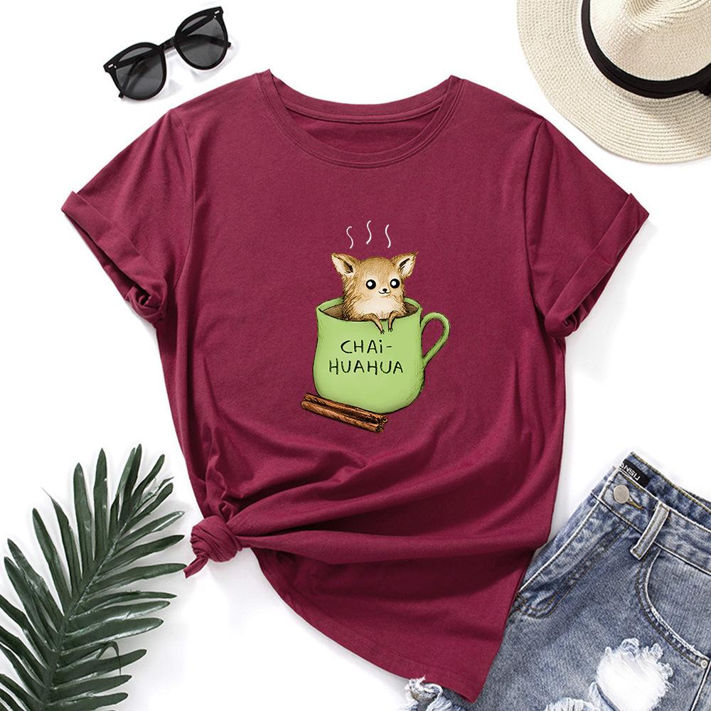 Summer Round Neck Cute Dog and Tea Cup Design Printed T-shirtsFashionable Casual Pure Cotton Short Sleeved Women's T-shirts