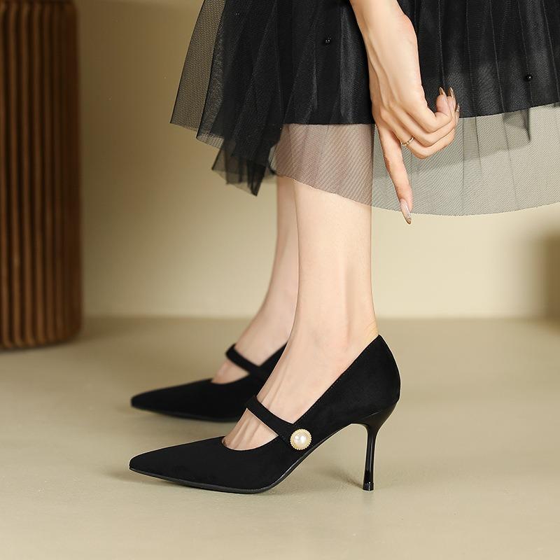 1-1 Sexy Pointed Toe Stiletto Heels for Women's Winter New Straight Suede Pearl Heeled Single Shoes for Women
