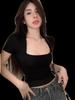 Wine Red Women's U-Neck Short Sleeve Top - Slimming French Style Summer T-Shirt