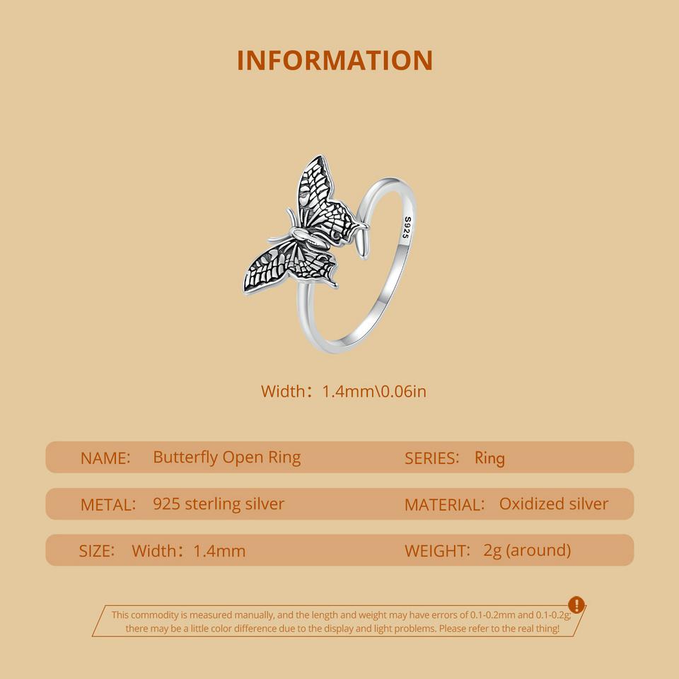 WOSTU 925 Sterling Silver Vintage Butterfly Opening Rings Women Female Sizeable Insest Creative Rings Party Gift Daily Jewelry