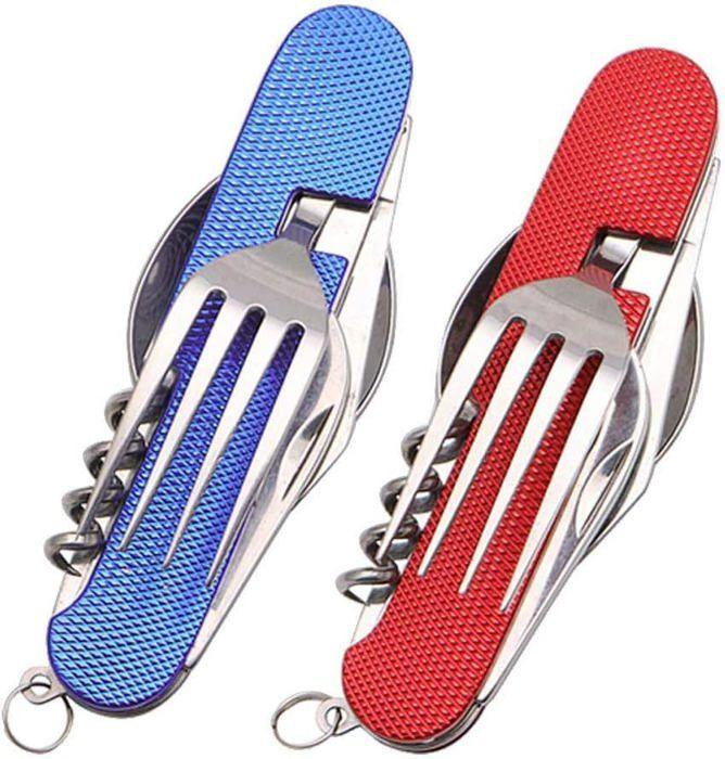 Ensemble de couverts de camping pliables en acier inoxydable, ustensile portable 6 en 1, outil multifonction, survie en plein air,