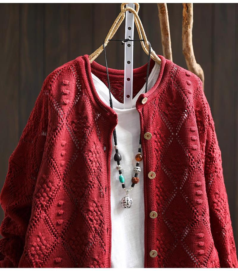 2025 Fall Diamond Hollow Round Neck Knitted Cardigan - Loose, Casual Long Sleeve Sweater