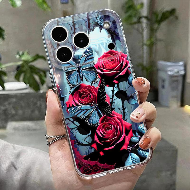 Scarlet Red Rose Flower Pattern Case For iPhone 17 Pro Max Coque iPhone 16 15 14 13 Pro Max 11 Clear TPU Silicone Soft Cover