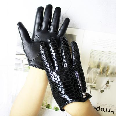 Nuevos Guantes de Piel de Oveja con Pantalla Táctil para Mujer Piel de Cocodrilo de Grano Alto Brillo Moda Cremallera Negra Forro de Lana Corta para Conducir