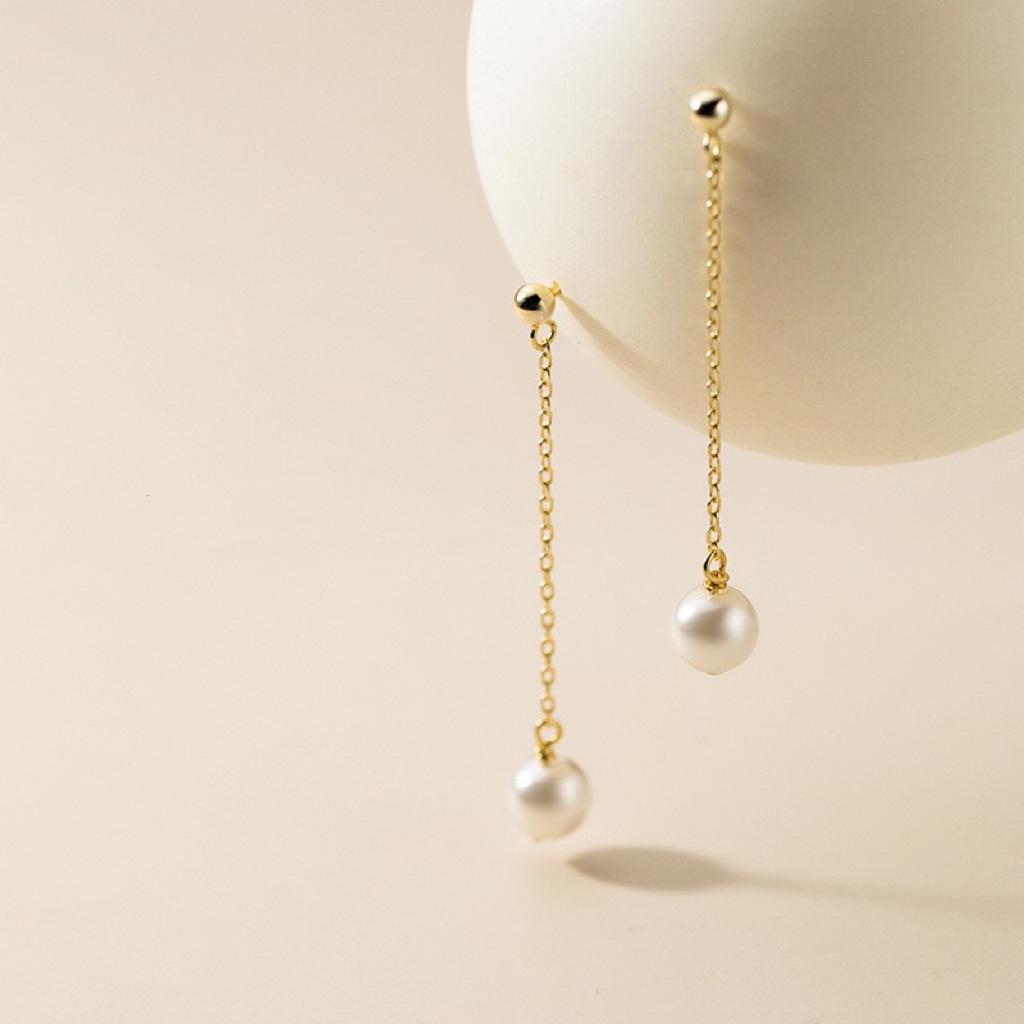 Beixi Silverware S925 Sterling Silver Women's Faux Pearl Tassel Ear Studs - High-End, Fashionable, Long Style