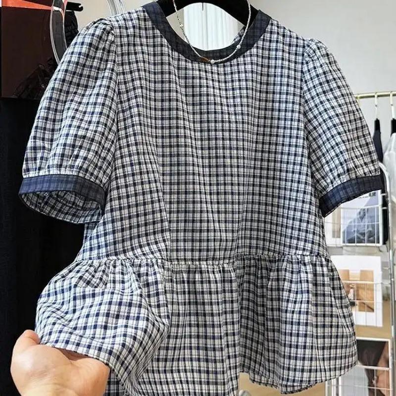 Women Plaid Print Puff Sleeve Blouse Round Neck Ruffle Hem Casual Top S