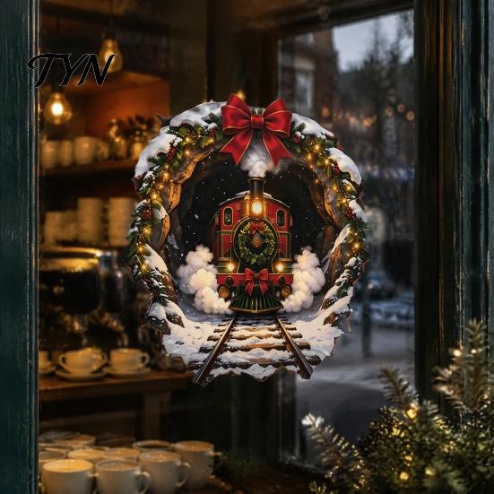 Winter Wonderland Decals Christmas Vintage Steam Train Static Window Sticker, 3D Broken Wall Effect Glass Scene Decorations No-Adhesive Decal for Xmas