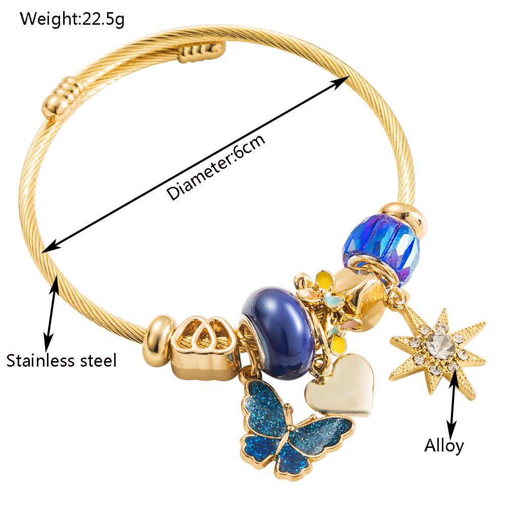 Beaded Stainless Steel Bracelet with Oil Drip Butterfly Inlaid Diamond Hexagram Pendant, Trendy Fashion Friendship Bracelet