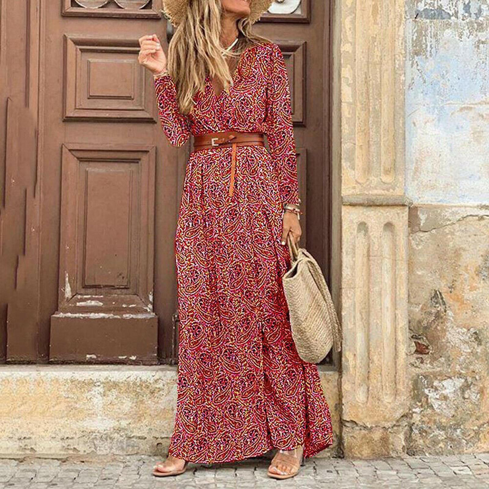 

Womens Long Sleeve Floral Maxi Long Dress Ladies Boho Party Evening Casual Dress XL червоний