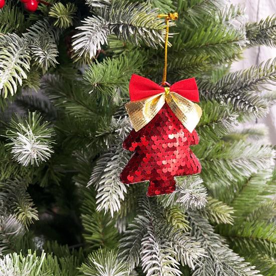 6Pcs Christmas Tree Ornaments Tree Shape Sequin Pendant with Bow for Christmas