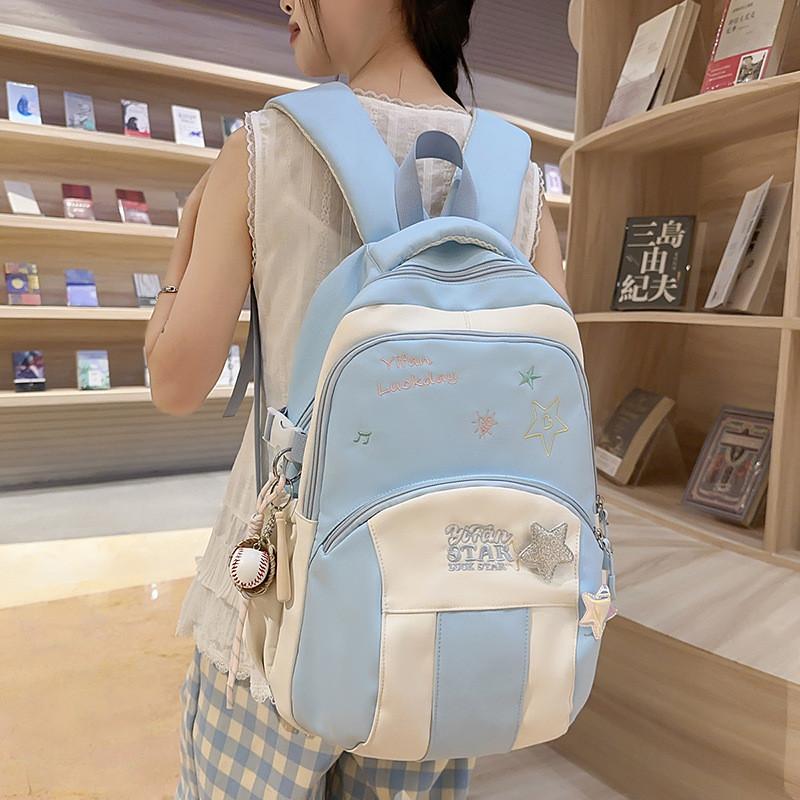 Blocked Letters Color Star Embroidery Pattern Student Backpack With Pendant
