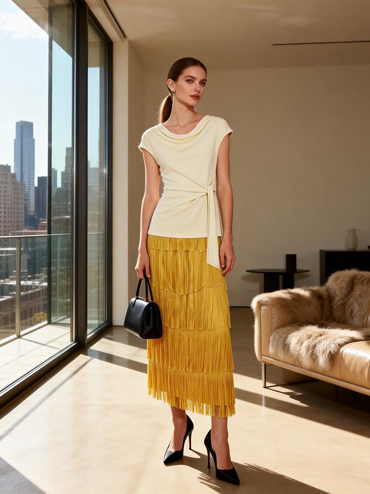 Elegant Rose Red Tassel High-Waisted Skirt for Women