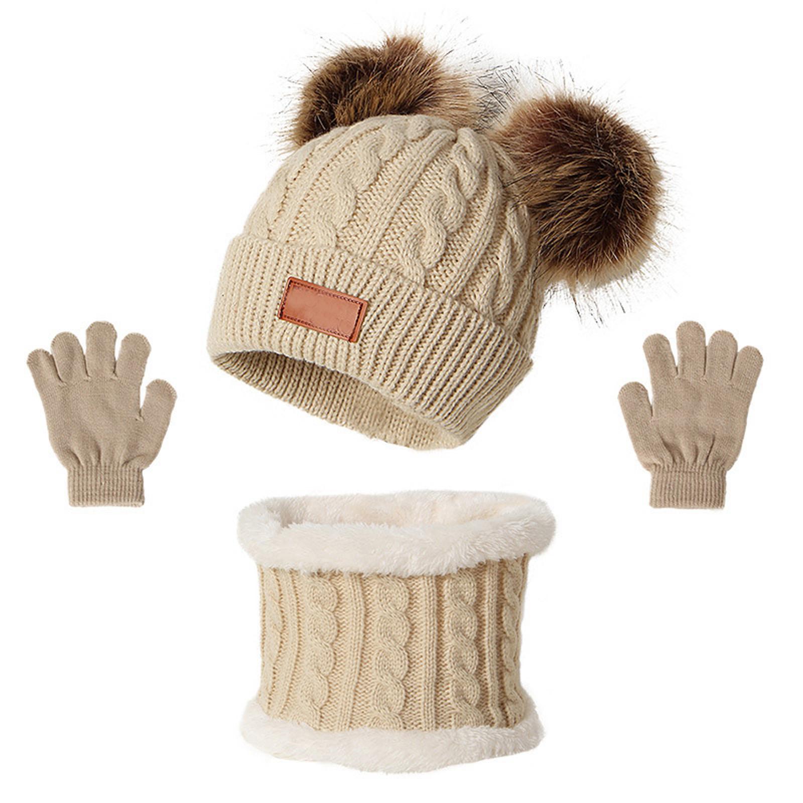 

Toddler Kids Baby Boy Girl Pompom Hat Winter Warm Knit Crochet Cap Scarf Glove бежевий