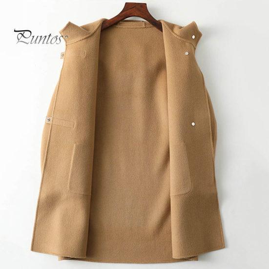 Damen Wintermantel beidseitig Wollstoff einfarbig Trenchcoat mit Kapuze Übermantel Locker Große Taschen Oberbekleidung Streetwear