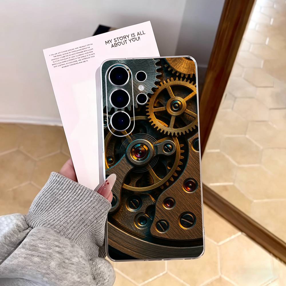 S-Steampunk Gear Mechanical COOL Phone Case For Samsung S25,S24,S21,S22,S23,S30,Ultra,S20,Plus,Fe,Note,10,9,5G Transparent Cover