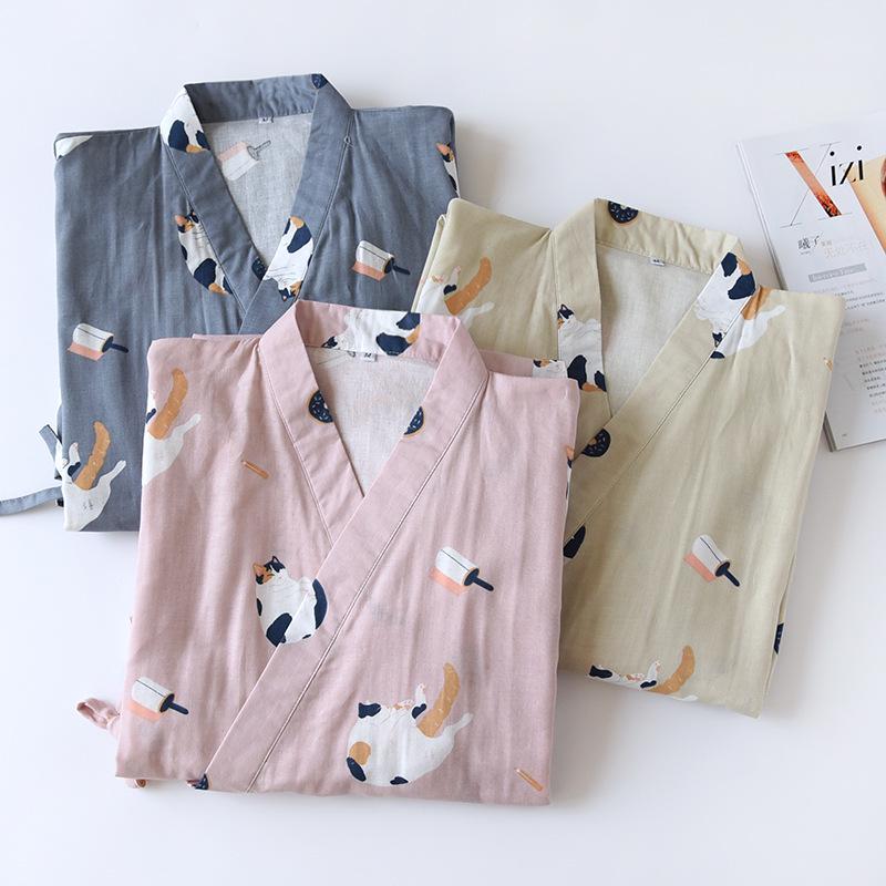 Japanese Style Summer Cotton Kimono Robes for Couples: Lightweight Gauze Nightgowns for Men and Women