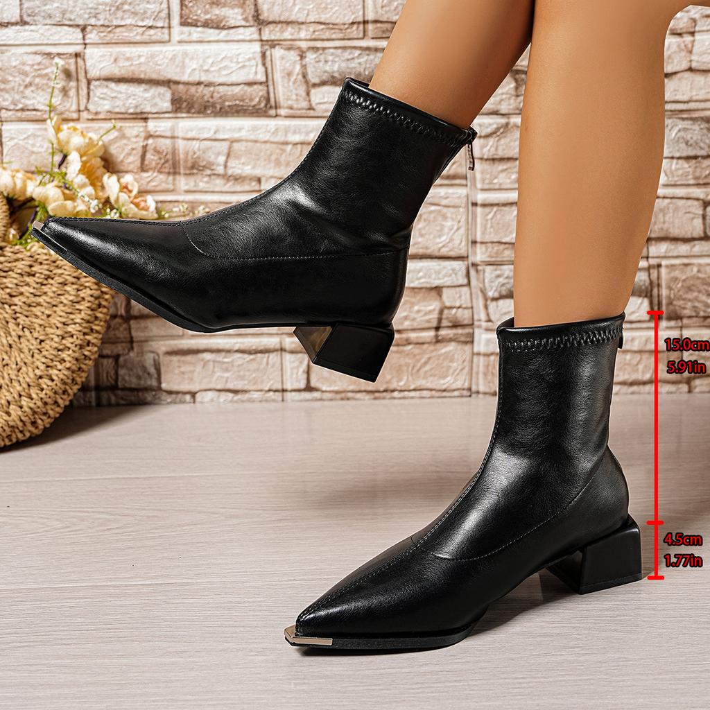 Pointed Short Boots Women's Rear Zipper Temperament Bare Boots Thick Heel Autumn and Winter New French Leather Boots High Heel Thin Boots