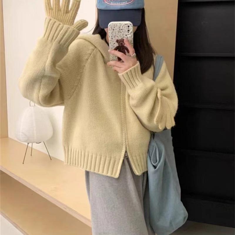 Double Zipper Hooded Knitted Cardigan Women's Autumn Lazy Style Niche Design Sense Stacked Wearing Short Chic Coat