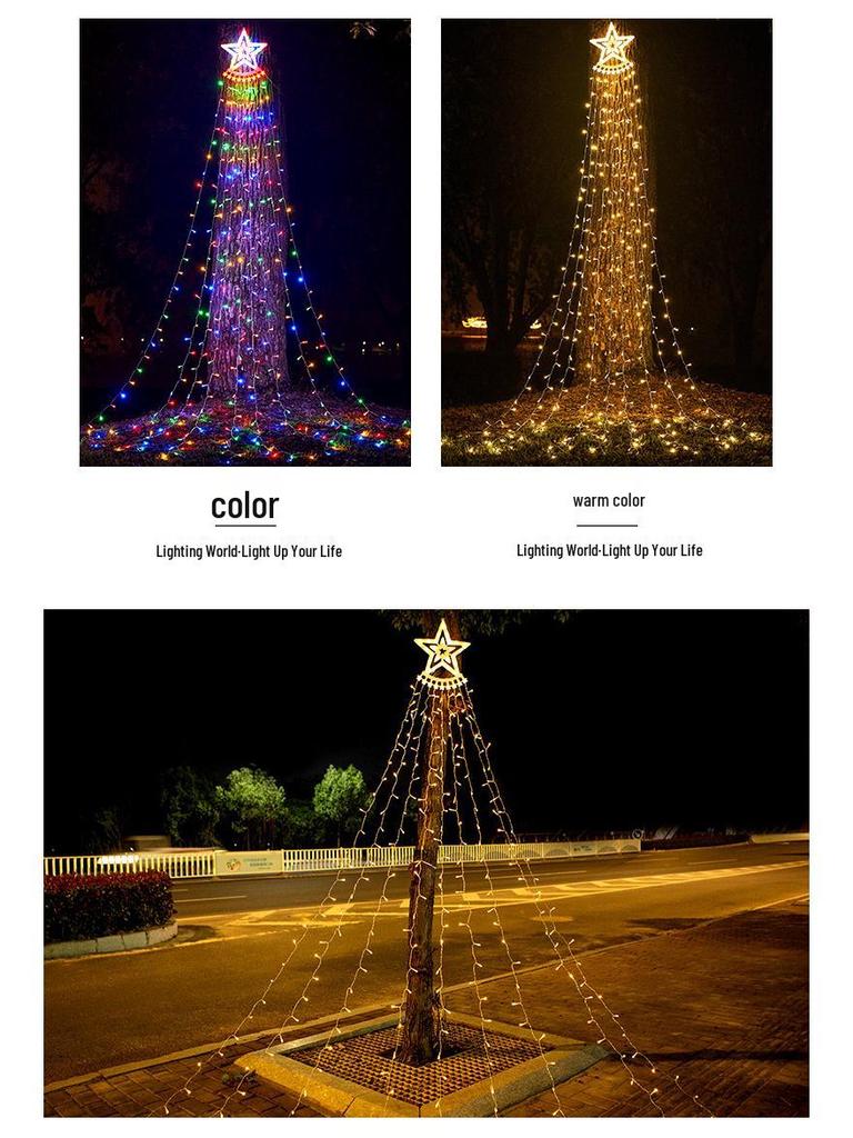 Solar Pentagram Waterfall Fairy String Lights for Outdoor Christmas Tree Decoration