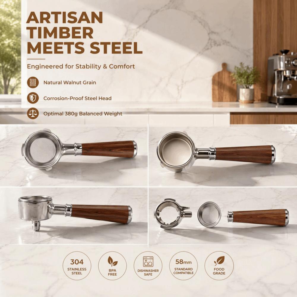 304 Stainless Steel and Wood Bottomless Coffee Portafilter for Barsetto Home