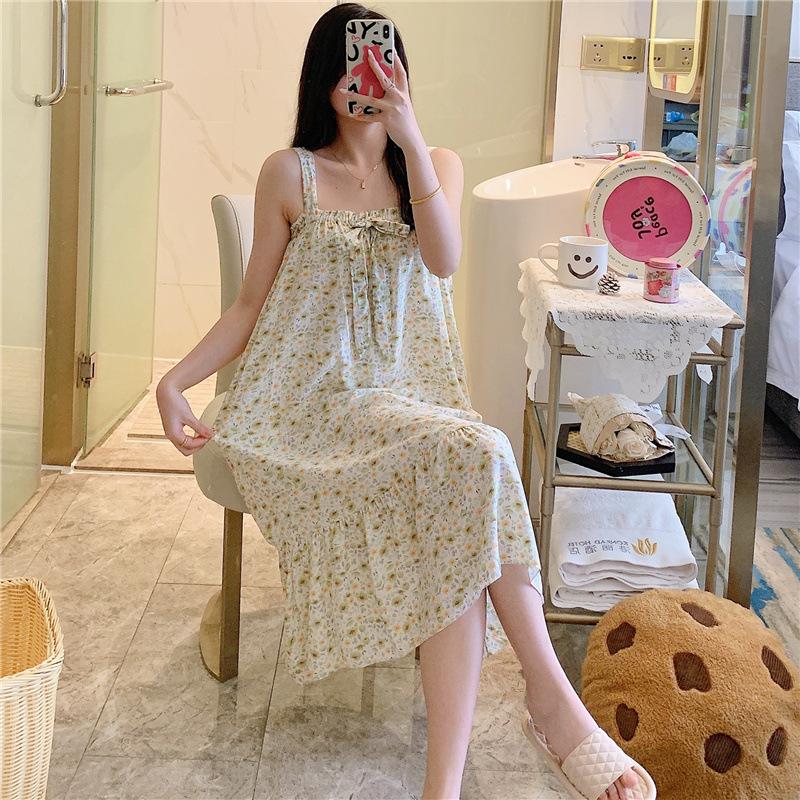 Cotton Nightdress Women'S Summer Thin Pajamasspring And Autumn Cotton Korean Cute Casual Print Dress Loungewear