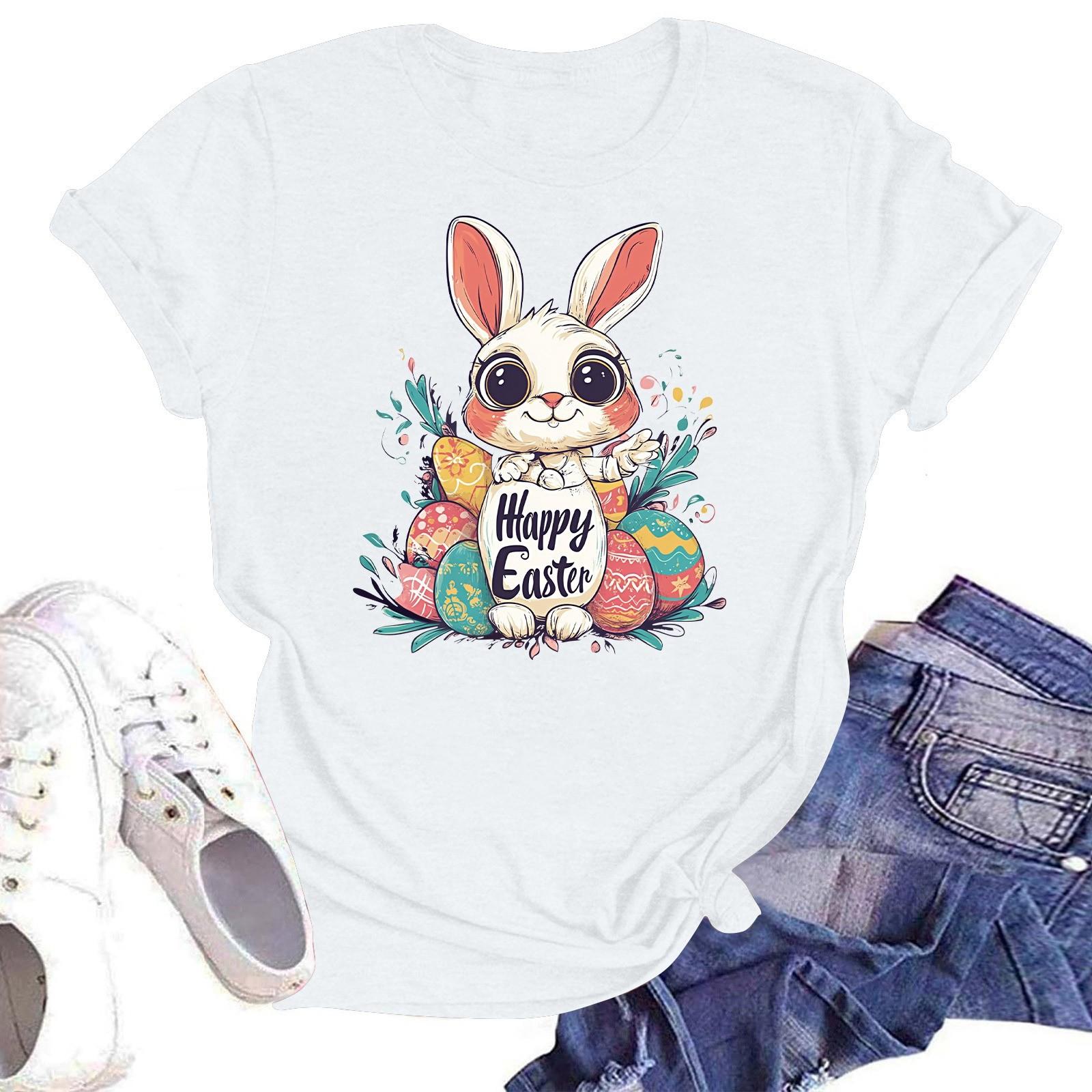 

З Великоднем Жіноча Мода Принтована Футболка з Круглим Вирізом та Коротким Рукавом Пуловер Топ XL білий