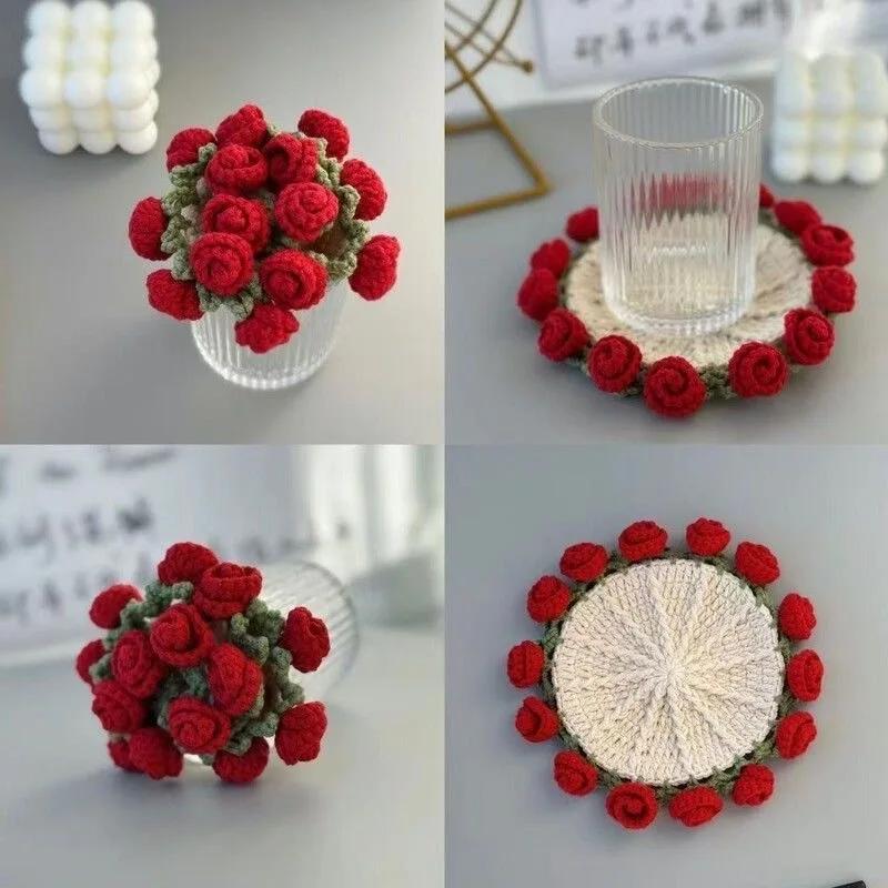 Ensemble de sous-verres Fleur Rose au Crochet à la Main Résistant à la Chaleur Décor de Table Cadeau pour la Maison Décor de Table à Manger Fourniture Tapis Réutilisable