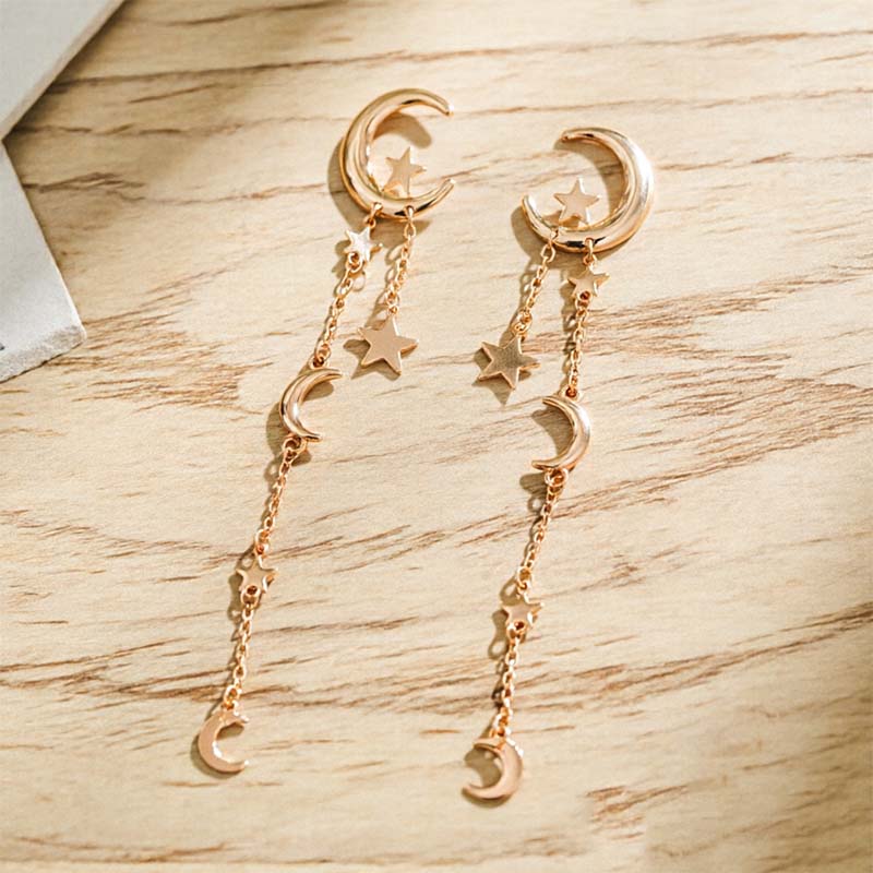 Vintage Metal Star Moon Tassel Pendant Earrings for Women Fashion Gold Color Asymmetric Personality Earrings Jewelry Gifts