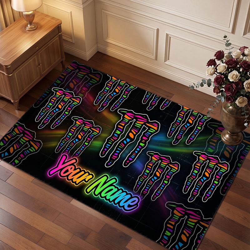 Tappeto in Cristallo Vellutato Personalizzato Monster Energy, Tappeto Morbido Antiscivolo con Testo Nome Personalizzato per Soggiorno Camera da Letto