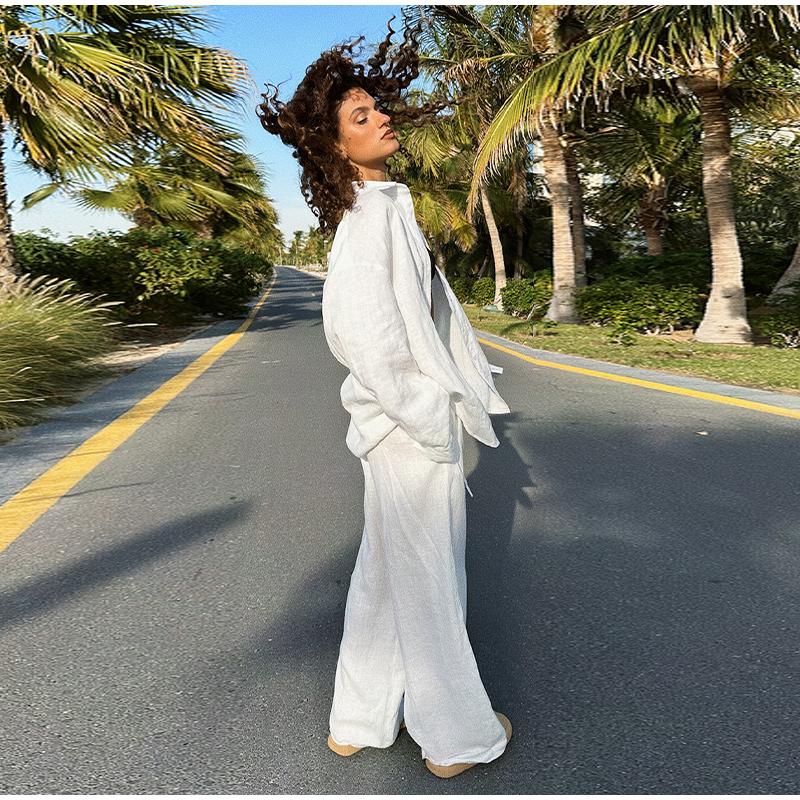 Women Casual Solid Color Cotton Linen Shirt Pants Suits Fashion Single Breasted Blouses Elastic Waist Pants Set Spring Loose Outfits