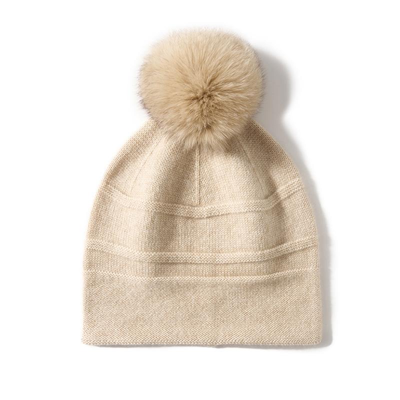 Cashmere Autumn and Winter New Women's High End Solid Color Horizontal Stripe Fur Ball Warm Fashion Knitted Casual Hat