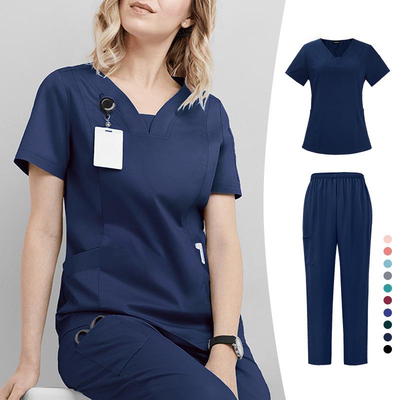 Women Nurse Uniform Two-piece Set Summer Elastic Quick-drying Thin Section V-neck Short-sleeved + Straight Trousers Hand-washing Clothes