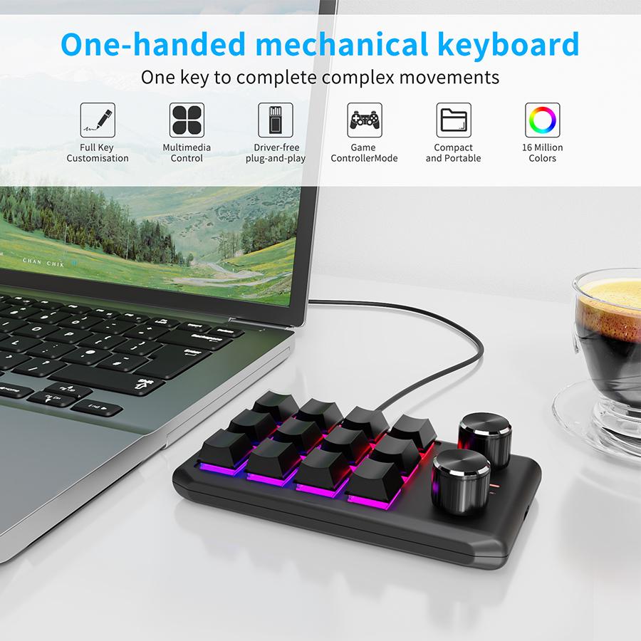 USB Wired Bluetooth 2.4G 3 Modes 12 Key 2 Knob Programming Macro Custom Keyboard PS Game Mechanical Keyboard Hot-swap Keypad