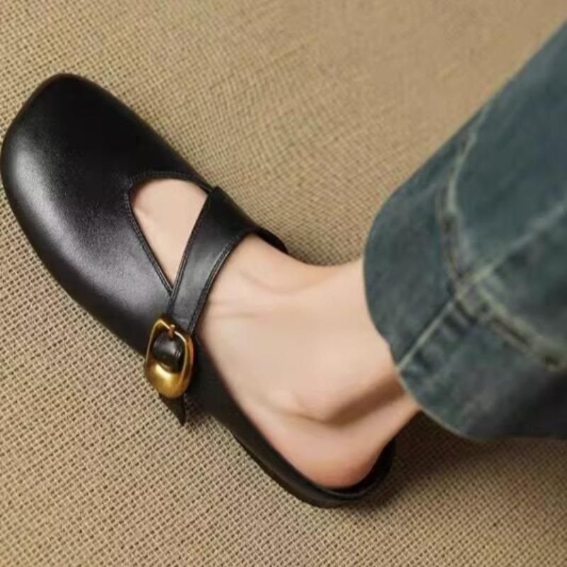 Fashion Women Flats Mules Shoes Elegant Leather Woman Slippers Fad Buckle Slingback Sandals 2025 Summer New Flip Flops Zapatillas Mujer