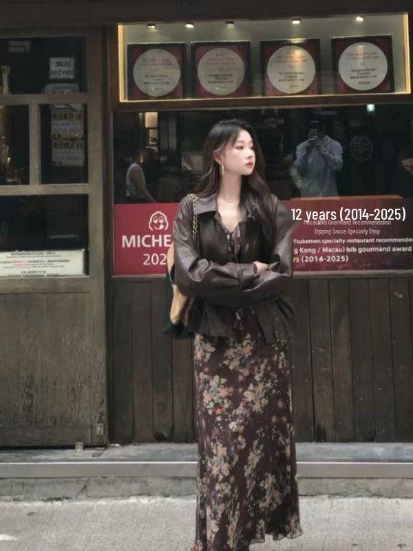 Twilight Rose Women's Retro Floral Ruffle Dress - Autumn/Winter Slim Fit