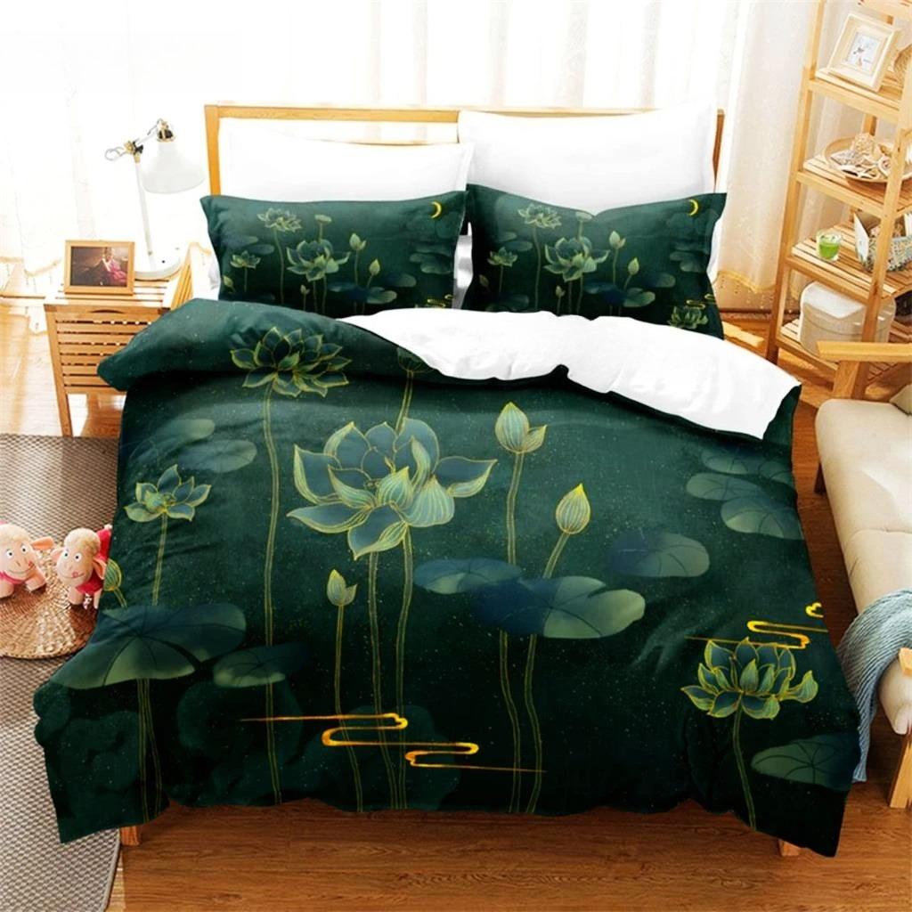 Grüne Blume Bettbezug Set Doppelbett mit Kissenbezug Lotus Bettwäsche Set King Size 3tlg 2tlg Einzel Twin Full 200x200 220x240cm