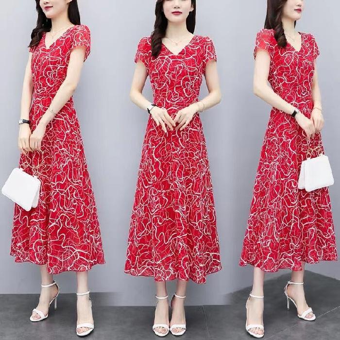 Ke Bingsi floral dress women s summer short-sleeved new belly-covering and thin large-size loose long dress M красный