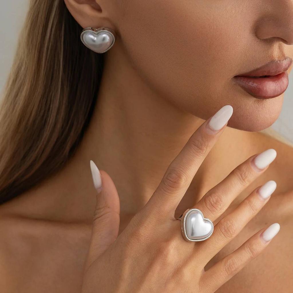 Salircon Simple Romantic Heart Imitation Pearl Open Ring Stud Earrings Women Fashion Jewelry Set Elegant Valentine's Day Gifts
