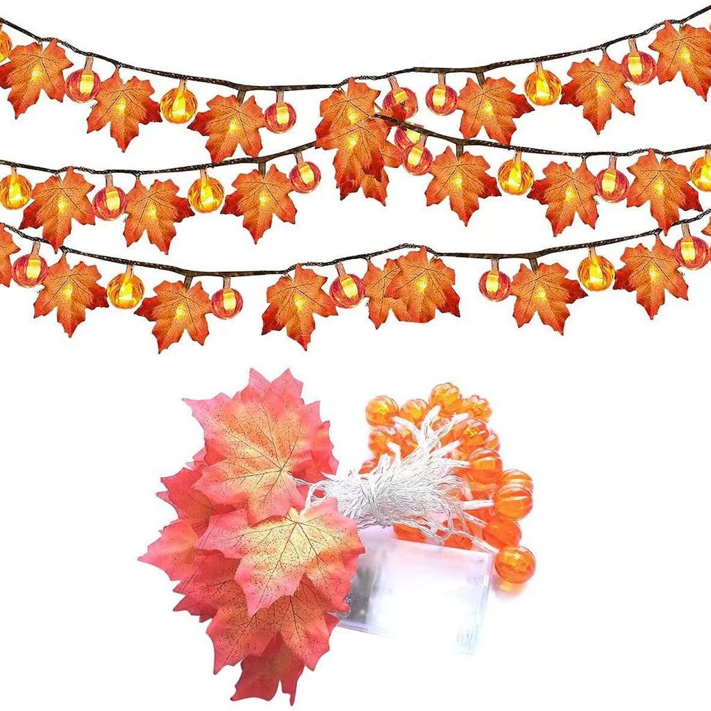 LED Pumpkin & Maple Leaf String Lights for Halloween and Thanksgiving Decor
