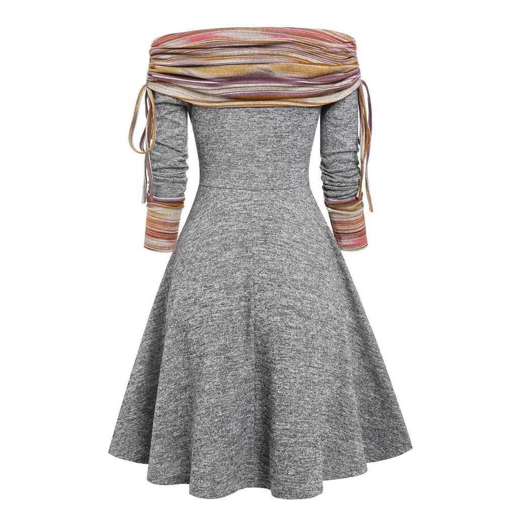 Women's Fashion Casual Waist Wide Hem Off Shoulder Long Sleeve A-Line Dress