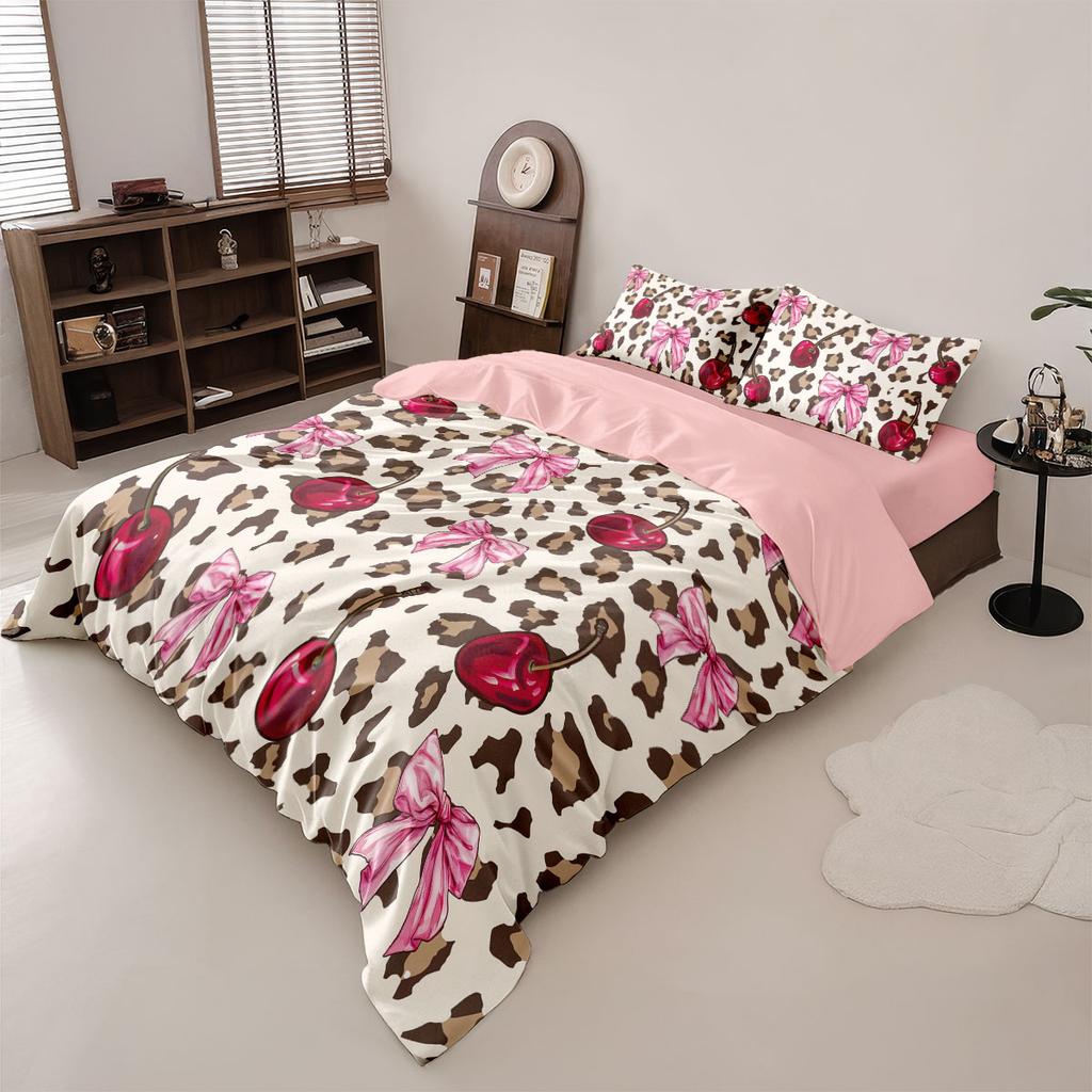 3Pcs Leopard Print Cherry Bow Printed Coreless Duvet Cover Set Multi Size Bedroom Bedding Decoration Machine Washable