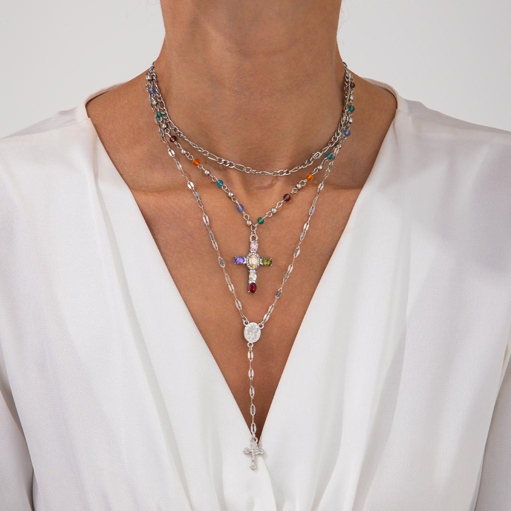 European and American Sense Y-shaped Fringed Necklace Women, Creative Color Double-layer Cross Pendant Collarbone Chain Necklace