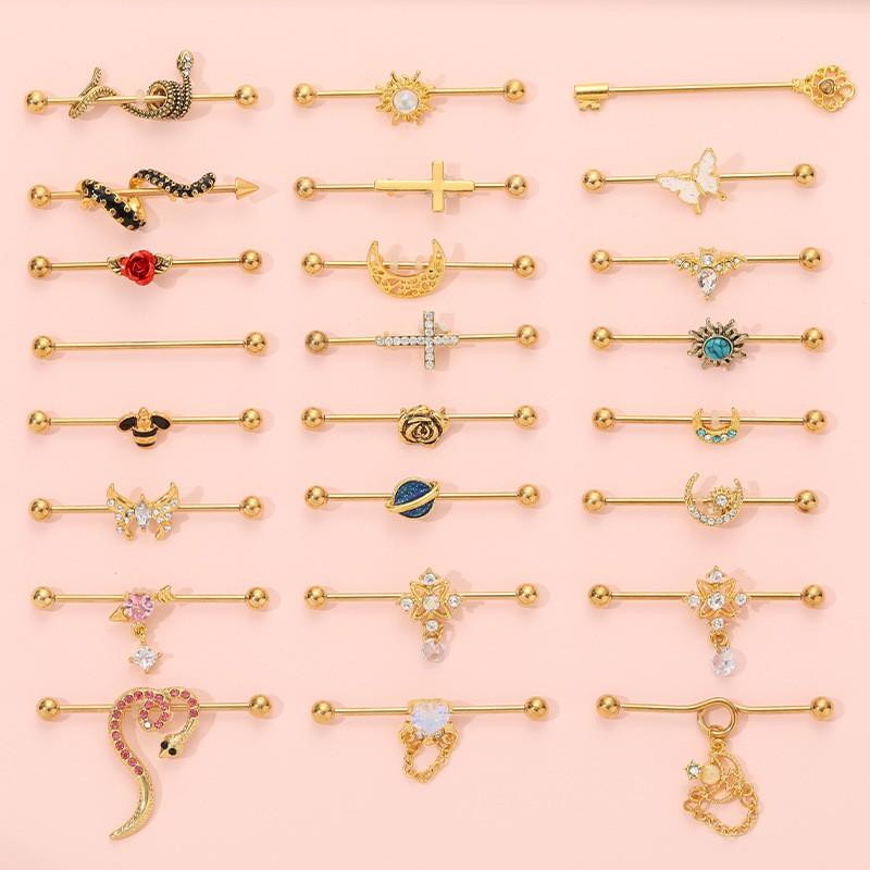 Stainless Steel Long Ear Bridge Piercing Jewelry With Small Gold Snake Bee Double Holes