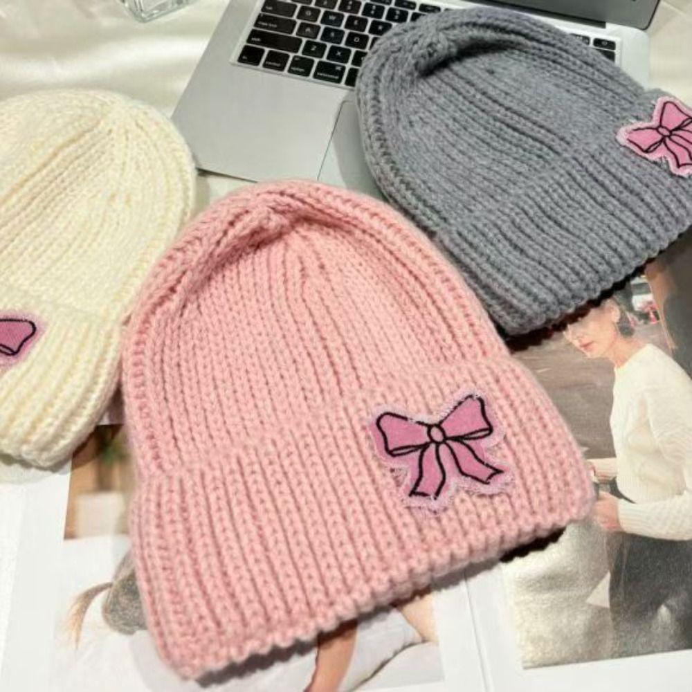 Lace Edge Bow Beanies Hat Solid Color Winter  Knitted Cap Cute Bow Knitted Pullover Hat  Outdoor