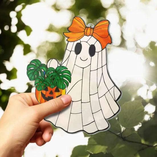 Cute Ghost Sun Catcher Ornament with Lanyard Easy to Hang Stained Glass Suncatcher Gothic Window Hanging Decoration