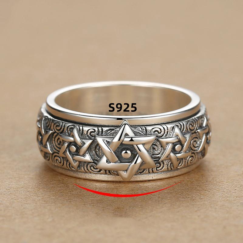 Rotatable S925 Silver Ring for Men Vintage Retro Stars Auspicious Cloud Couple Band Women Index Finger Accessories