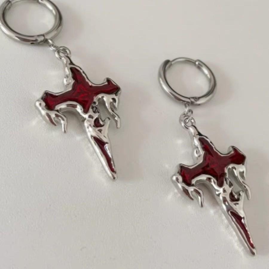 Gothic Punk Flammenkreuz Hängeohrringe, Vintage Y2K Statement-Schmuck