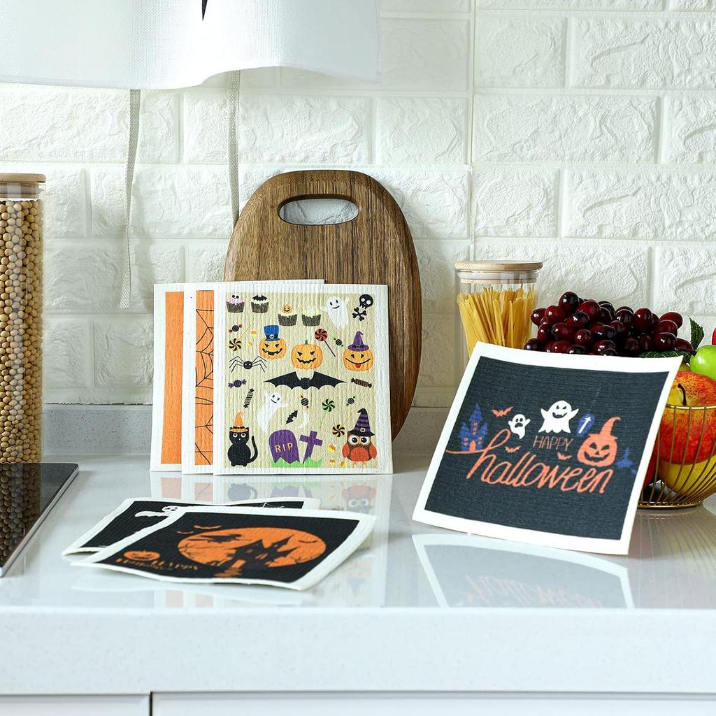 Honeydak 6 Pcs Halloween Swedish Dish Towels Ghost Pumpkin Swedish Kitchen Dishcloths Washable Reble Halloween Dish Cloths Witch Absorbent Fast