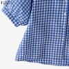 ZANZEA Women Casual Turn Down Collar Grid Print Loose Half Sleeve Blouse